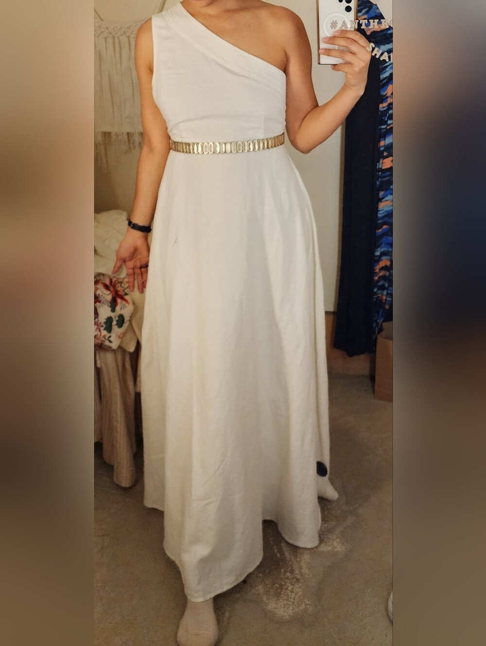 Farm Rio Anthropologie White One Shoulder Linen Maxi Dress S Petite